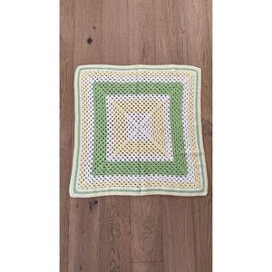 Hand Crochet Baby Blanket 34x24 Granny Square Green Yellow White Handmade